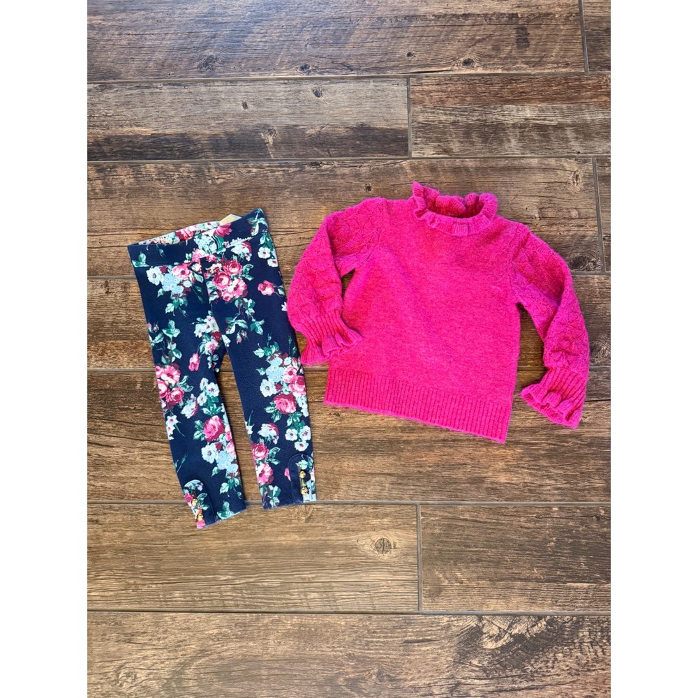 Janie and Jack Girls 2T Pink Cable Knit Sweater and Floral Leggings Outfit Set